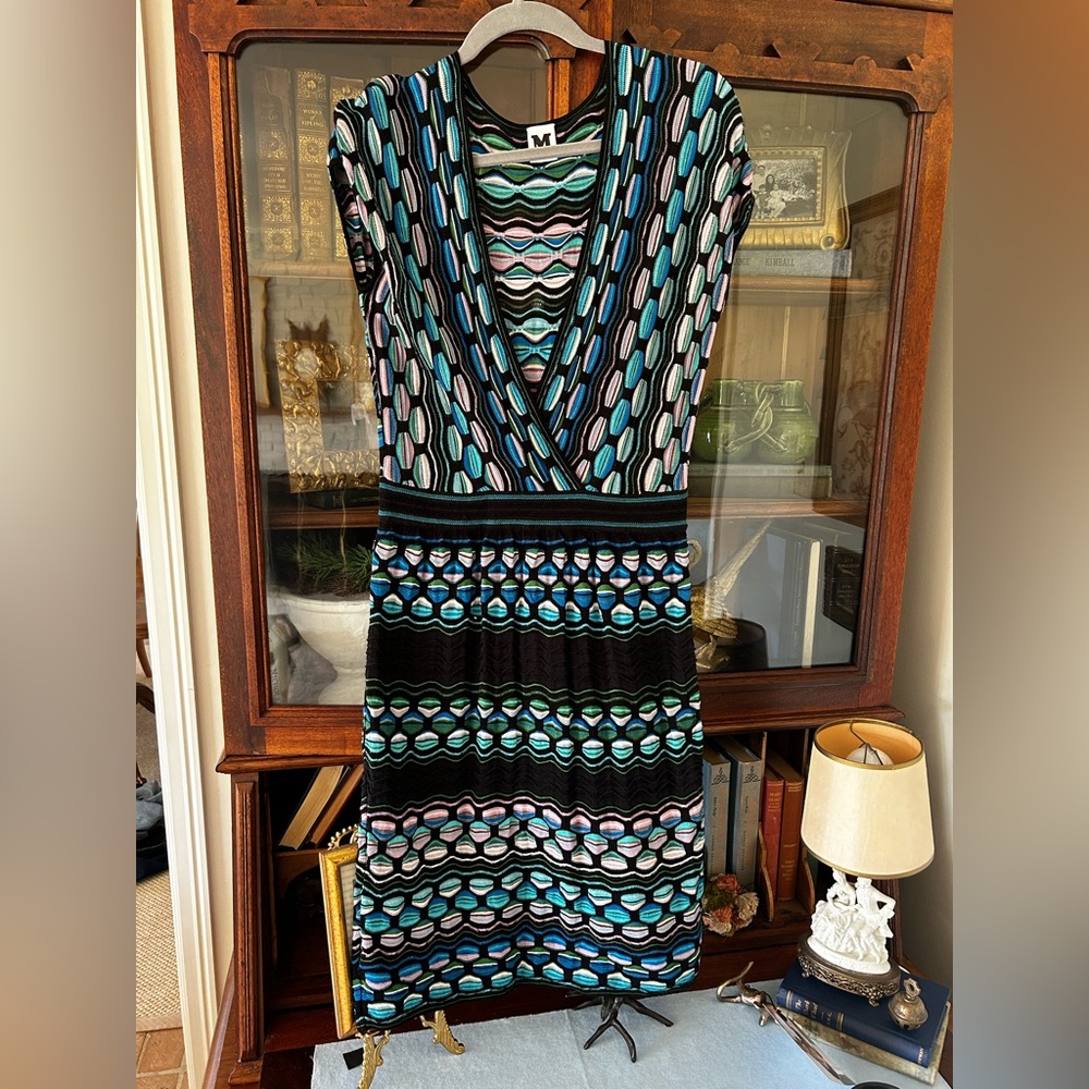 Vintage M Missoni Black, Teal & Pink Geo Knit Midi Dress